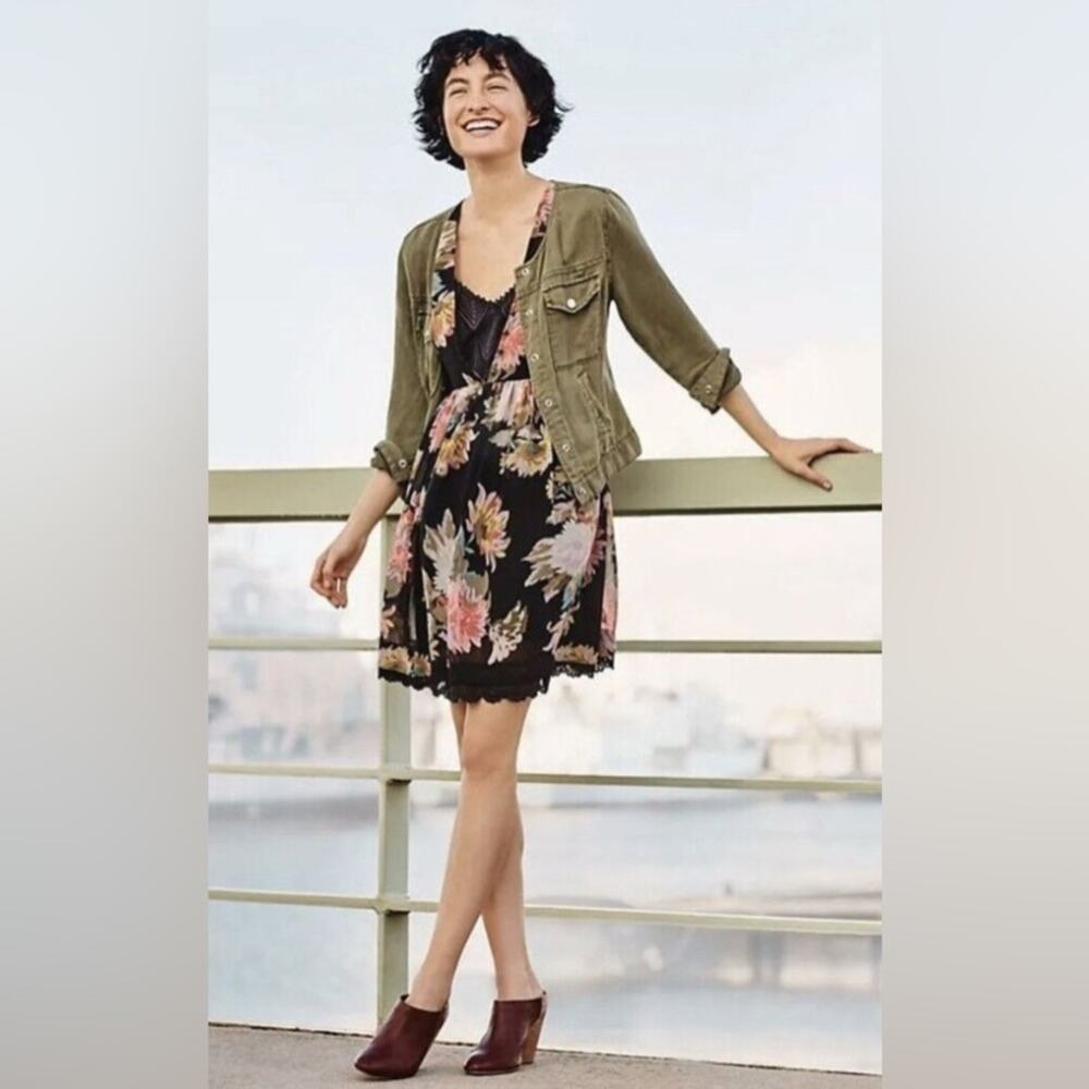 MAEVE Anthropologie Violetta Floral Print Black Multicolor Shift‎ Dress small